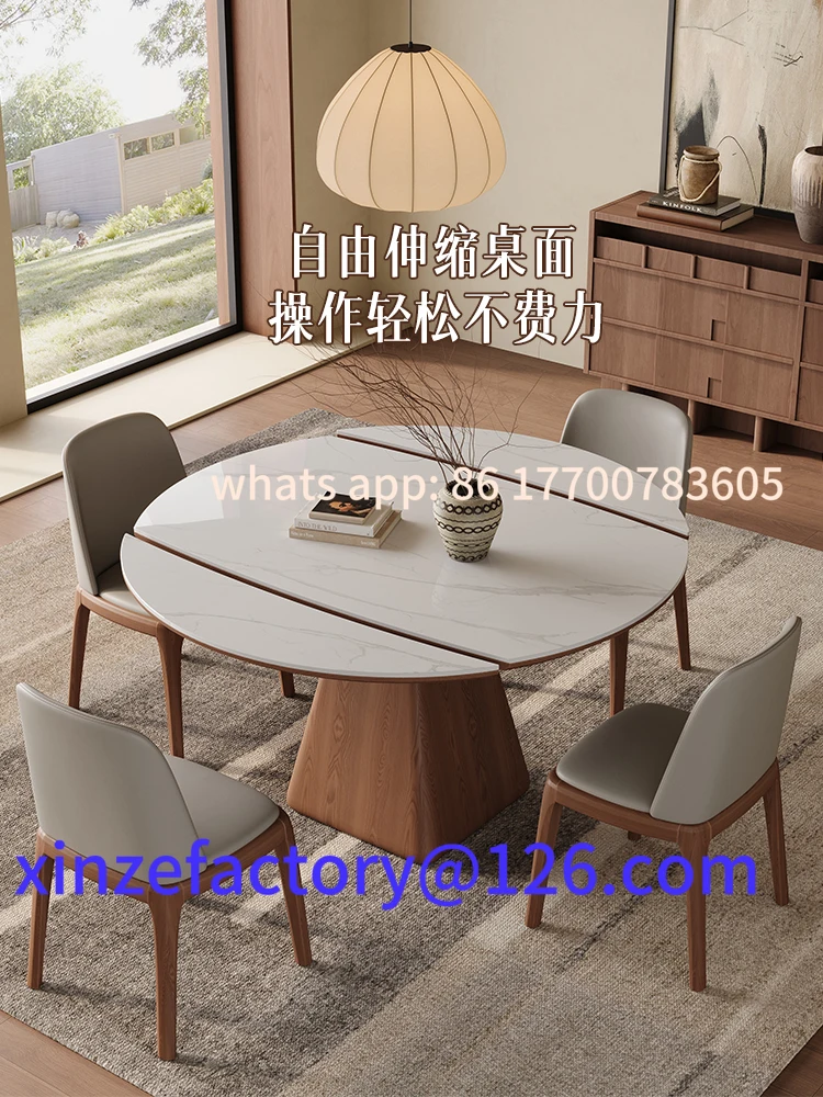 

Retractable solid wood rock slab dining table round modern simple household square and round dual-purpose