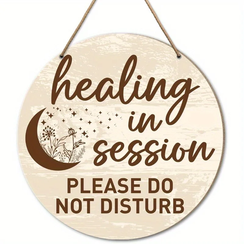 Healing in Session Door Sign, Natural Wood Do Not Disturb Sign with Crescent Moon & Stars Design, Classic Hanging Sign for Home