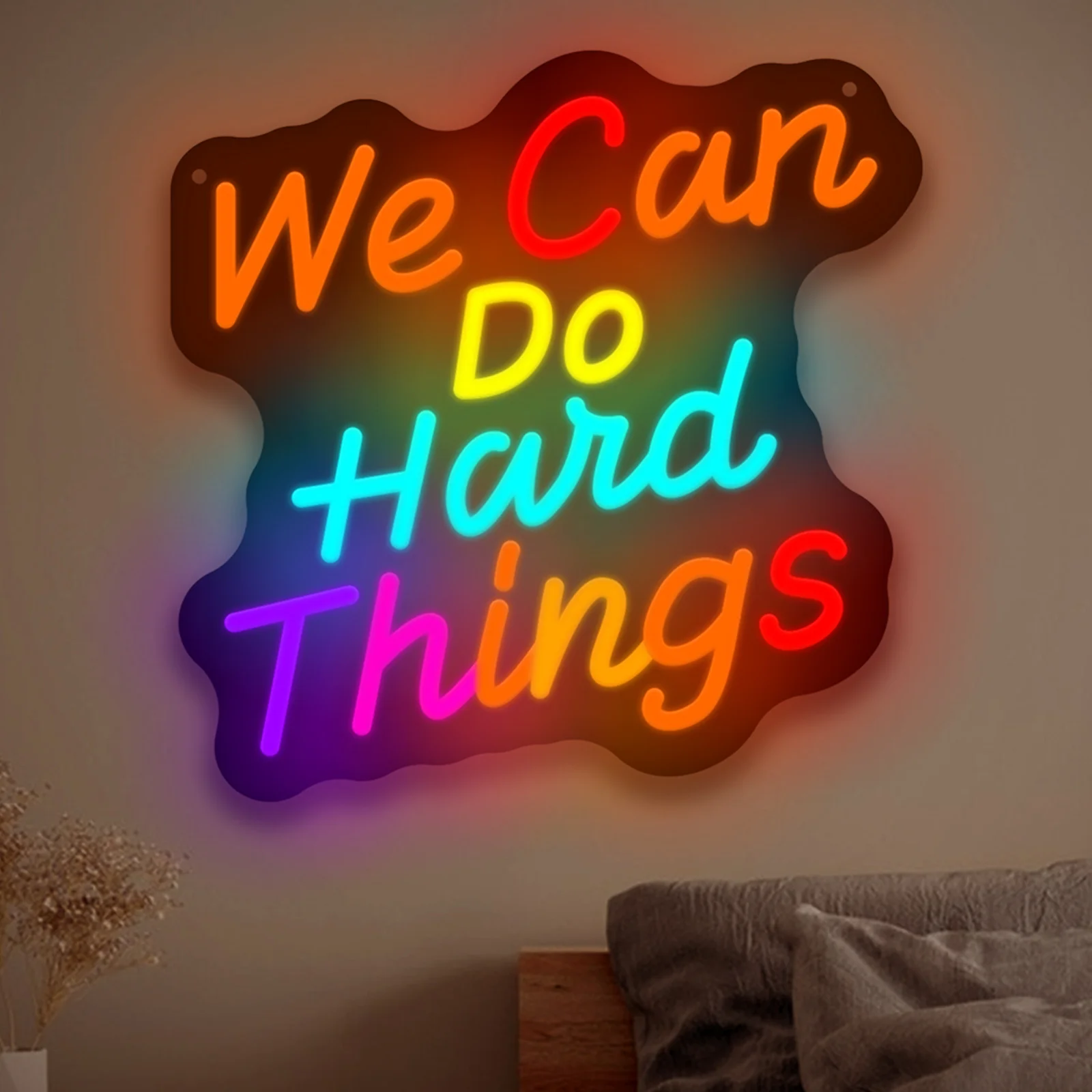 We Can Do Hard Things Neon Sign Colorful LED Wall Art USB Powered Acrylic Motivational Quote Bedroom Office Wellness Decor Gift