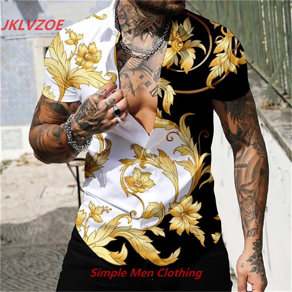 

Men's Summer Fashion Luxury Men Shirts Single Breasted Shirt Casual Gold Print Long Sleeve Tops Men's Clothing Hawaii Cardigan