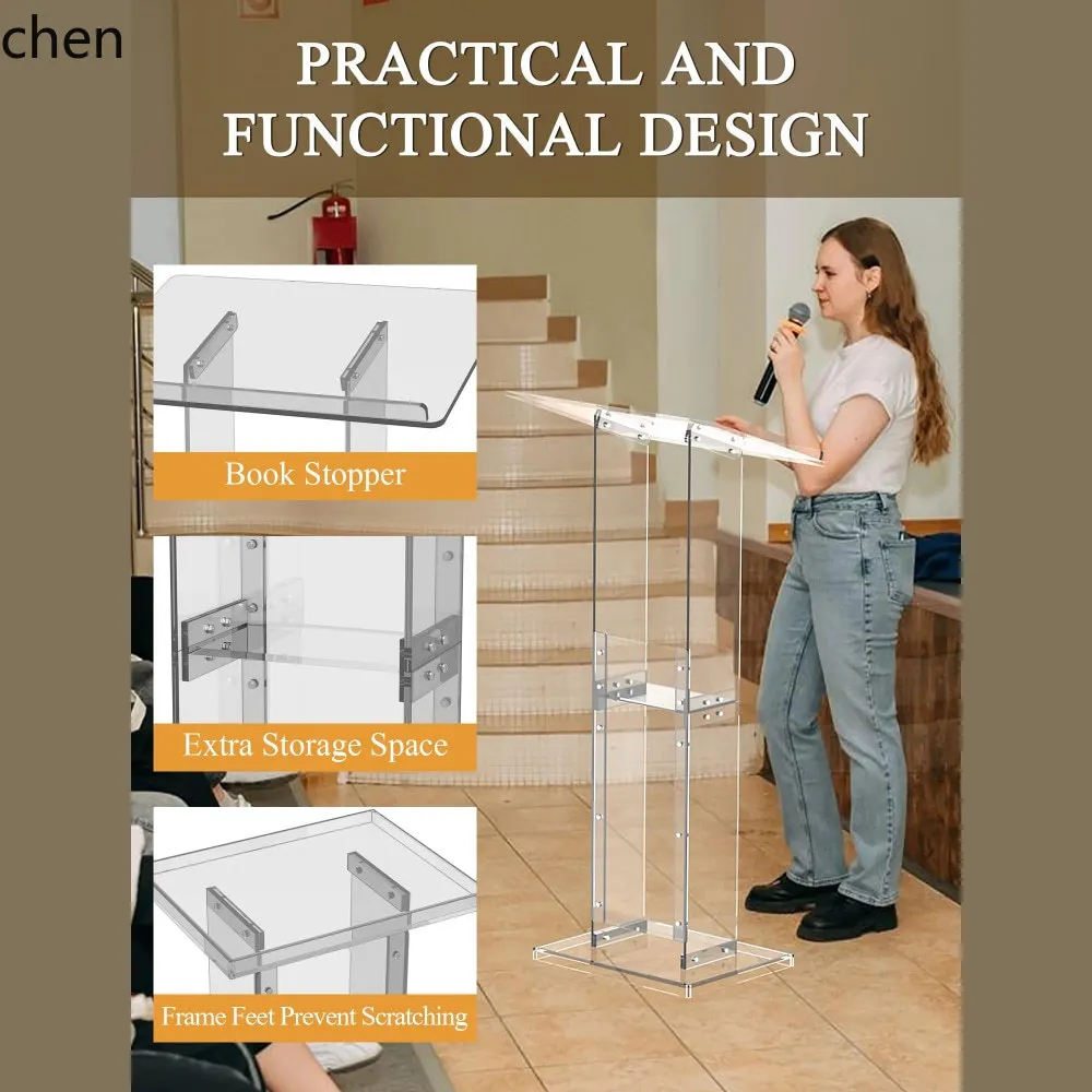 Hxl acrylic podium with storage shelf movable professional presentation desk