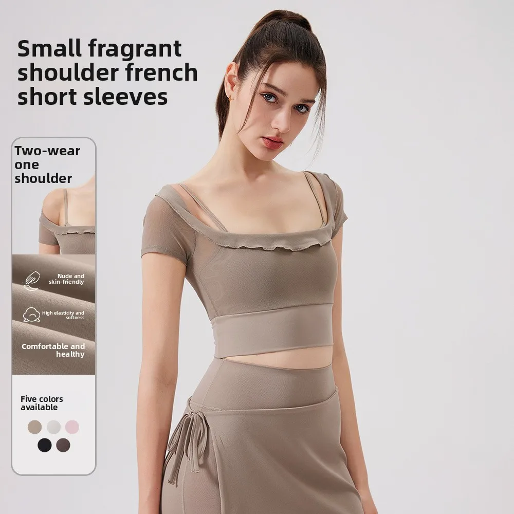 Kanten mesh korte mouwen hardloopsnelheid drogende sportbeha met borstkussen, hoge taille hardloopfitness bell bottom broek 2025