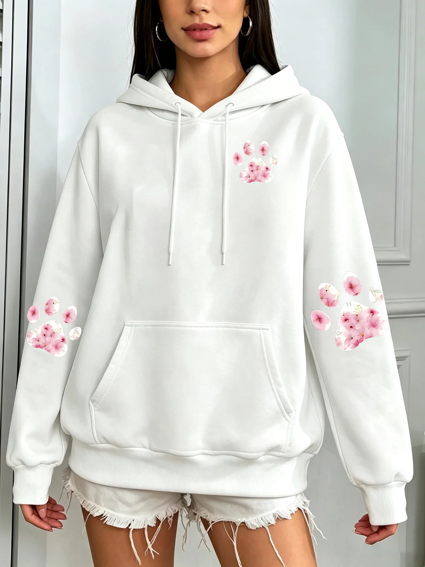 Men's loose-fitting hooded sweatshirt with floral paw-print print and pet-themed text. Women's soft fall/winter pullover hoodie.