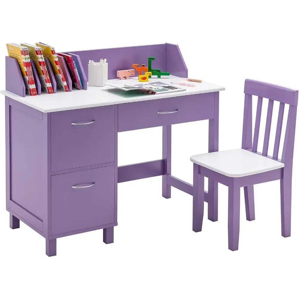

Kids Desk and Chair Set, Children Wooden School Learning Table w/Drawer & Storage Cabinets, Student Writing Computer Workstation