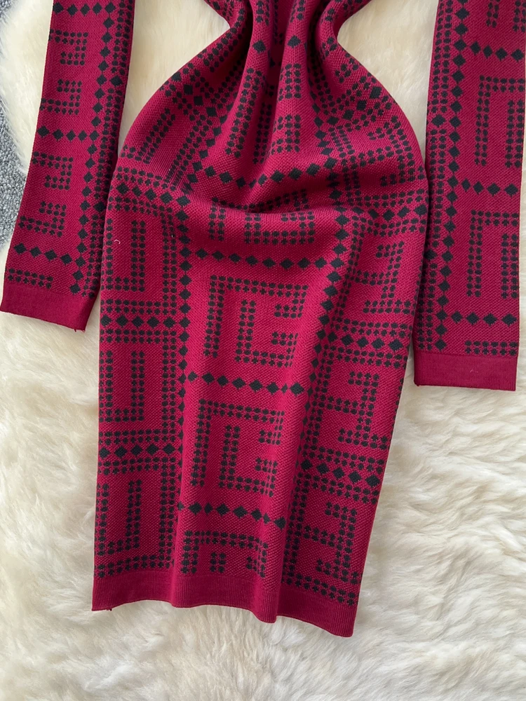 Faionable Geometric Print Knitted Dr Women's High Waist Slim Fit Long Sve Summer Ci Commute A-Line Dr
