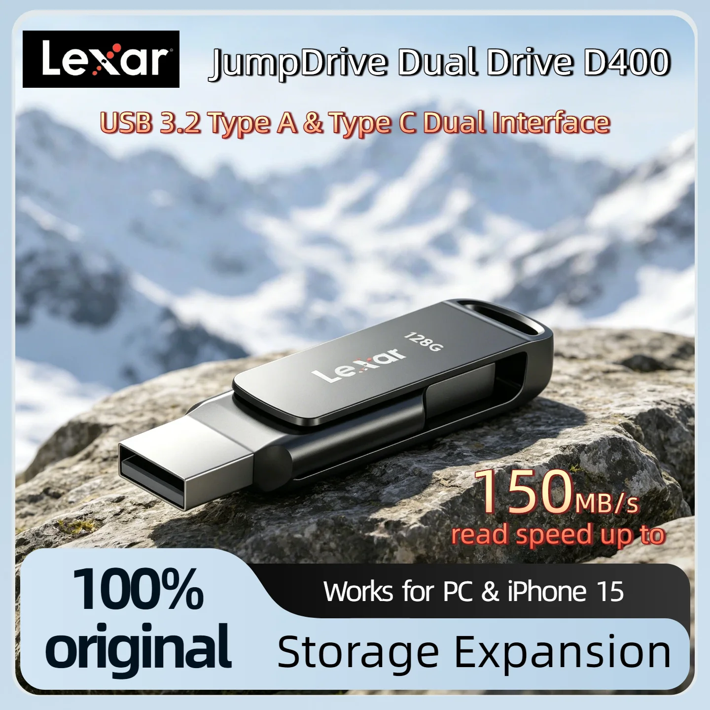 

Lexar JumpDrive D400 USB 3.2 Type C Type A Dual Drive Flash Drive Metal Casing Storage Expansion for PC iPhone 15 4K Ultra Max
