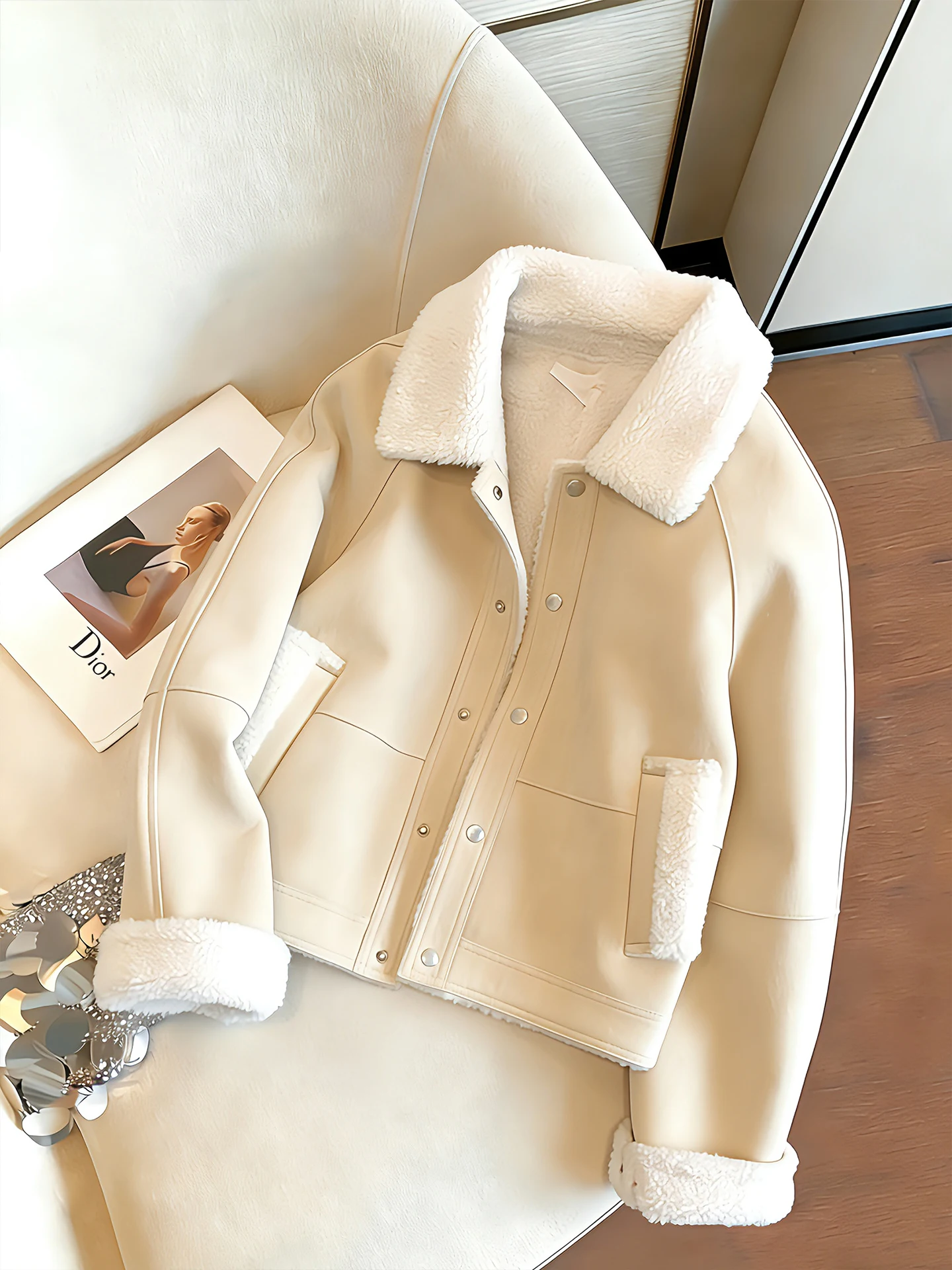 

Retro American Splicing Suede Lamb Fur Collar Women's Autumn Winter Design Sense Leather Fur Inteated Jaet Cotton Clothes