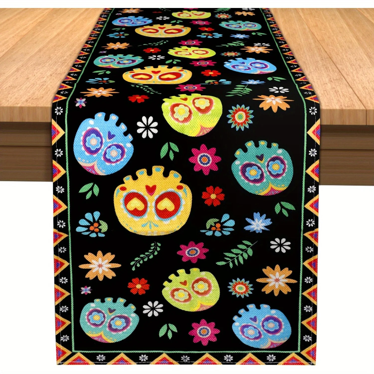 Mexican Sugar Skull Floral Day of The Dead Linen Table Runner Washable Mexico Dia De Los Muertos Table Runner Fiesta Party Decor
