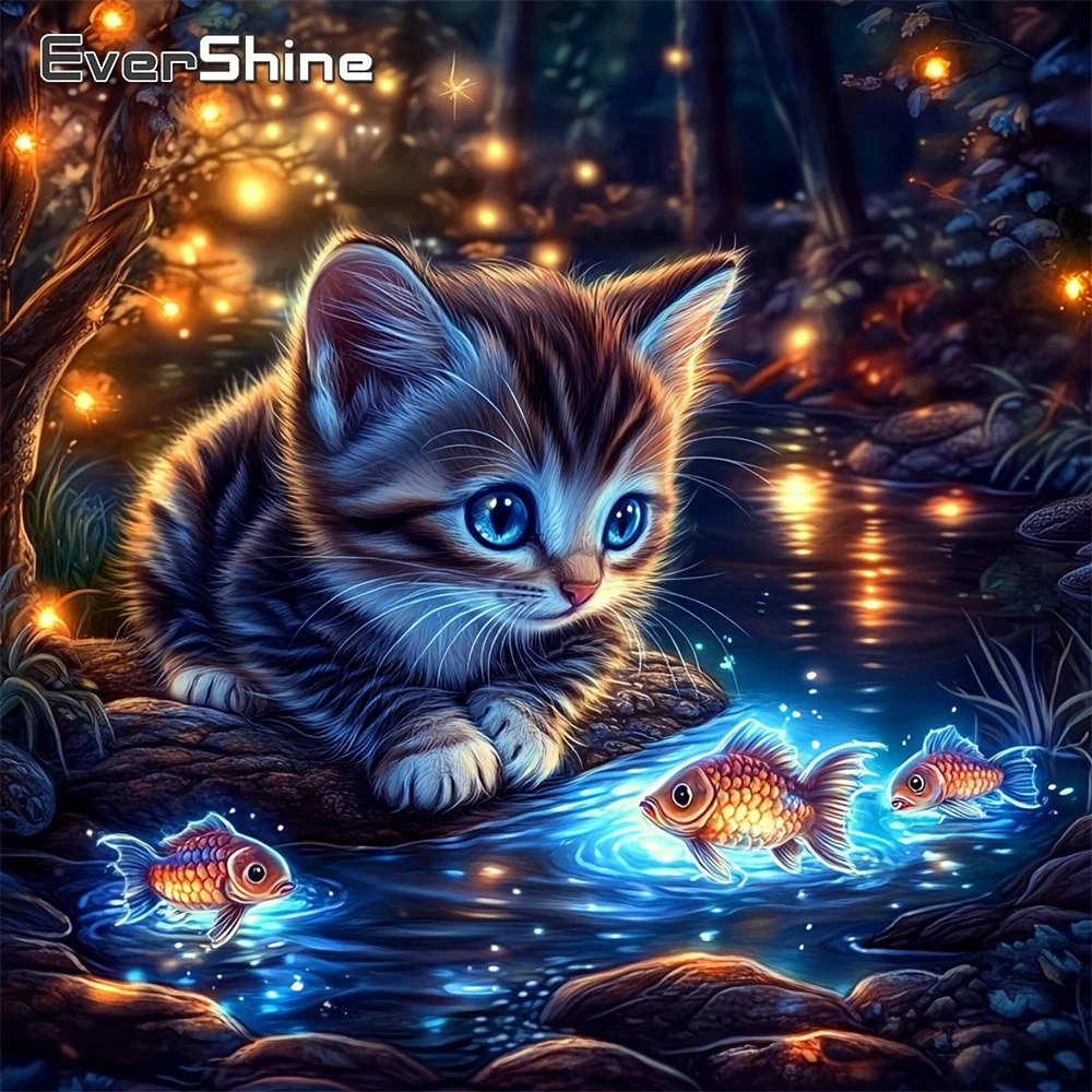 EverShine Diamant-Mosaik Tier Katze Strass-Bild Stickerei Fisch Vollflächiges Quadratisches Gemälde Wald Heimdekoration