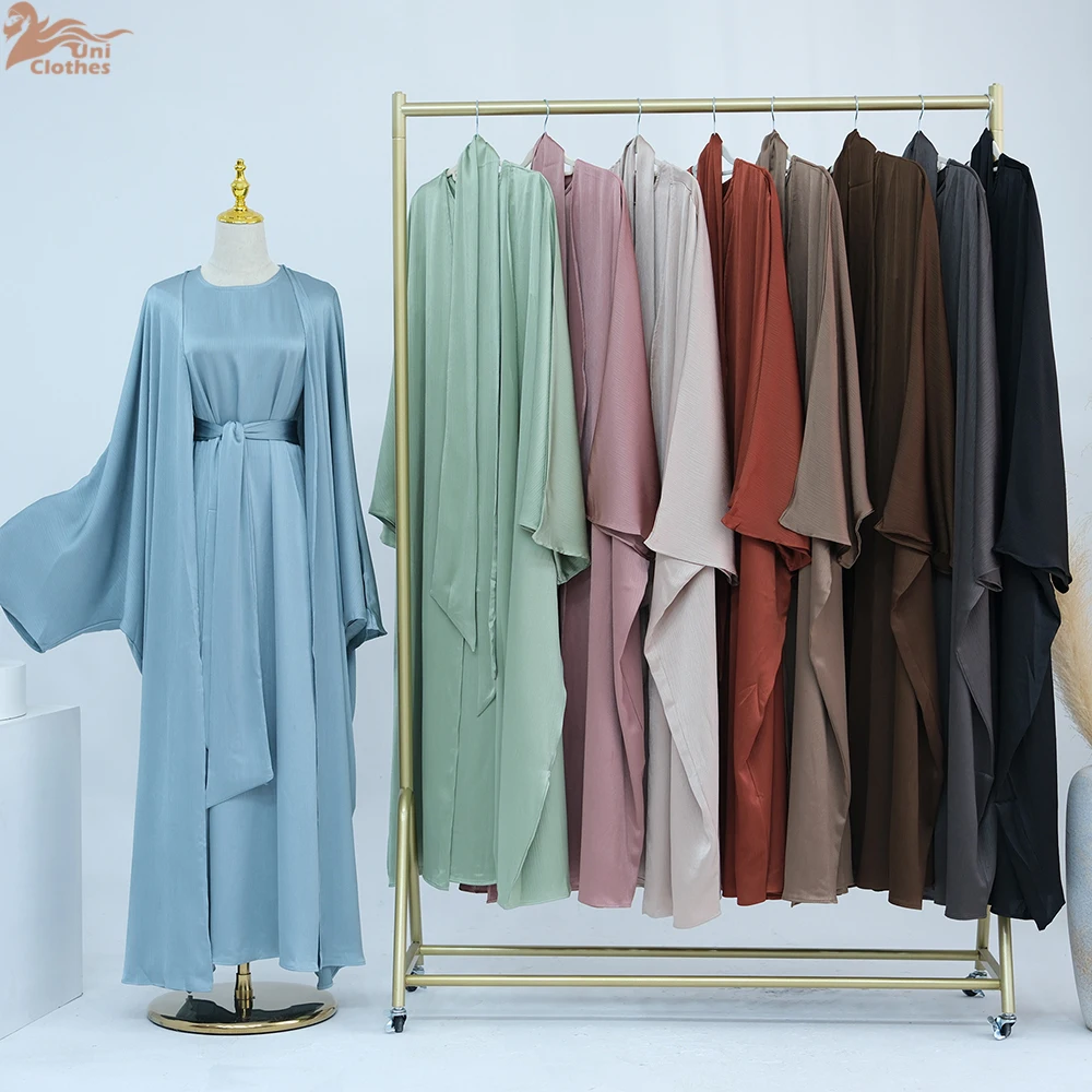 

2025 Eid New Luxury Abaya Dubai Premium Wrinkle Satin Kimono 2 Piece Abaya Set Women Abaya Muslim Modest Dresses