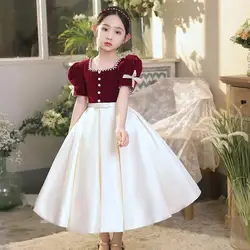 4-14Y Kids Girl Winter Red Satin Silk Dress embroidery Vintage Spanish Princess Ball Gown Dress for Wedding Party Christmas Eid