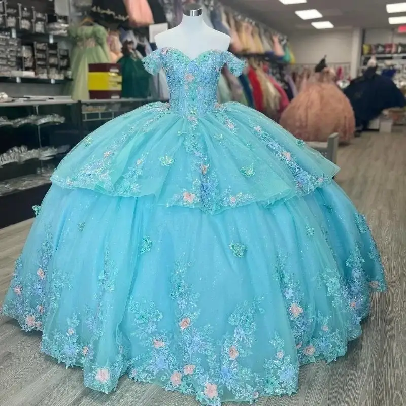 

Aqua Blue Sequin Appliques Lace Bow Off The Shoulder Quinceanera Dress 2025 Ball Gown Sweep Train Tulle Princess Party Prom Dres