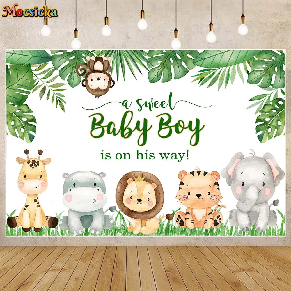 

Mocsicka Jungle Baby Shower Backdrop a Sweet Baby Boy is on His Way Tropical Leaves Safari Party Background Decor Custom Banner