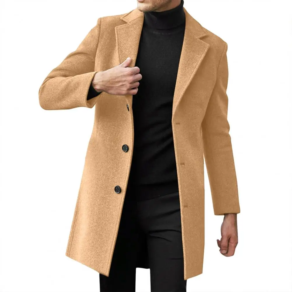 Winter Men Wool Overcoat Lapel Long Sleeve Jacket Single Breasted Mid-length Suit Coat Outwear Solid Color Long Outwear