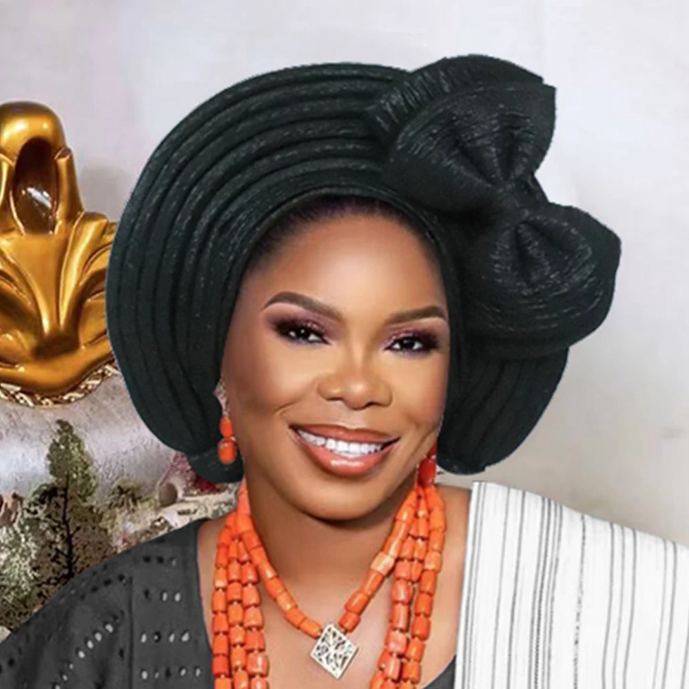 القوس السيارات Gele ربطة الرأس المرأة الأفريقية أشرطة رأس نيجيريا الزفاف Geles حفلة القبعات سيدة عمامة قبعة المصنوعة بالفعل بونيه الحجاب #4