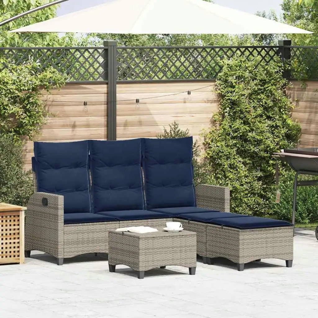 

L Shaped Garden Sofa Set Grey with Navy Blue Cushions Durable PE Rattan Outdoor Furniture