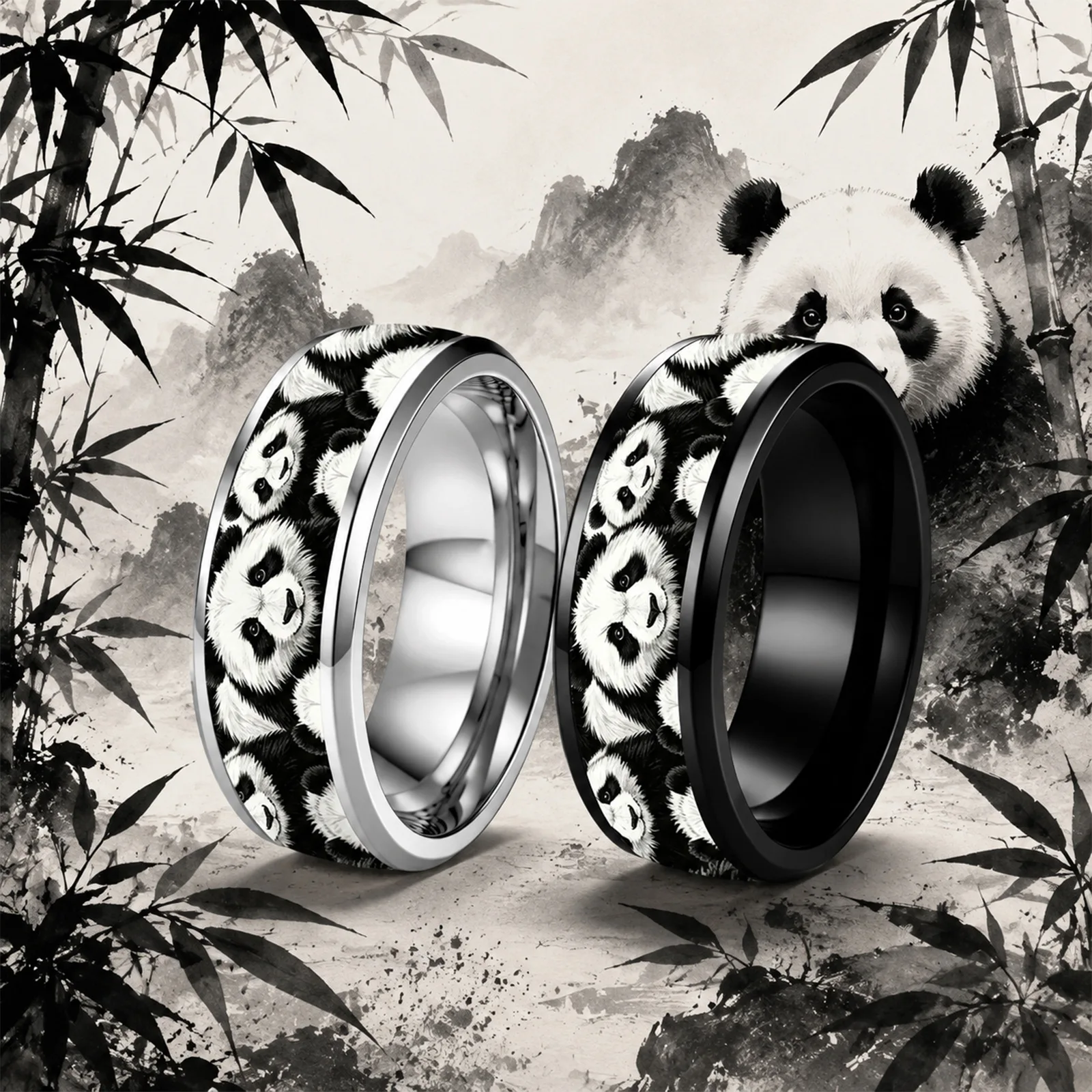 2Pcs/Set 8MM Panda Stainless Steel Rings Set Polished Wedding Unique Double Beveled Black And White Stainless Steel Ring
