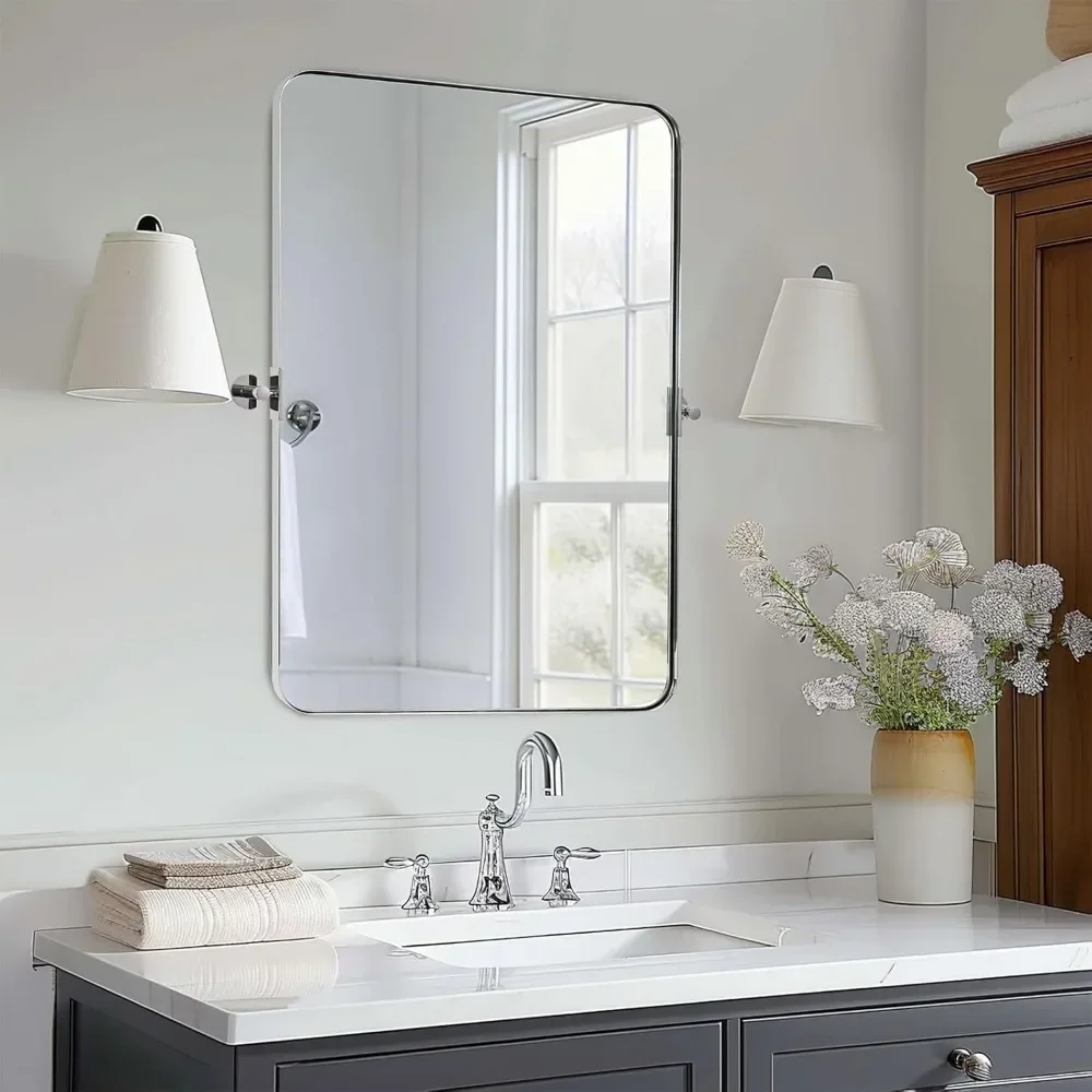 

Pivot Bathroom Mirror, 28.33x 36" Tilting Wall Vanity Mirror, Rounded Rectangle Metal Frame Pivots Vertically Only