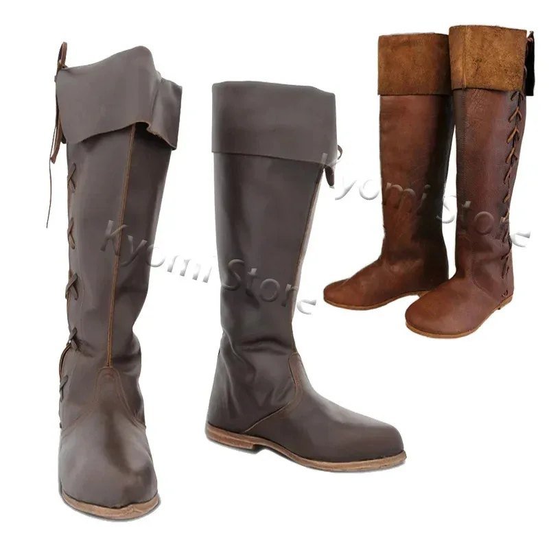 

Renaissance Medieval Cosplay Gothic Punk Viking Pirate Props Shoes Leather Knight High Boots Men Women Paladin Costume Witcher