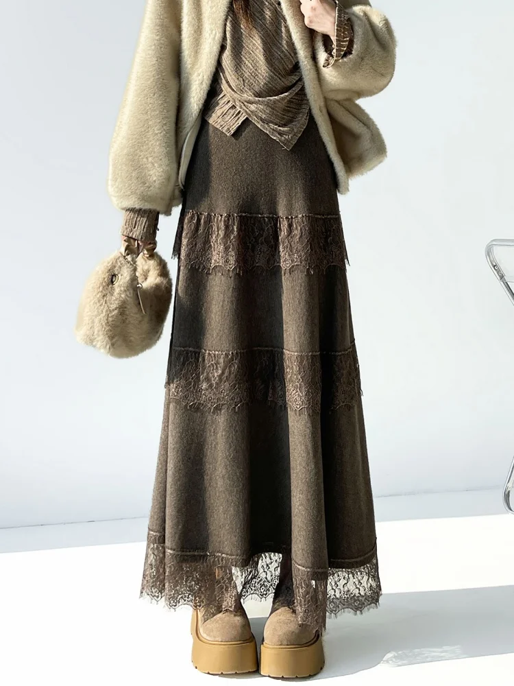 High Waist Lace Patchwork Velvet Cake Skirt Women's Autumn Winter Sle Ballet Fairy A-Line Umbrella Skirt Korean Version Cit...