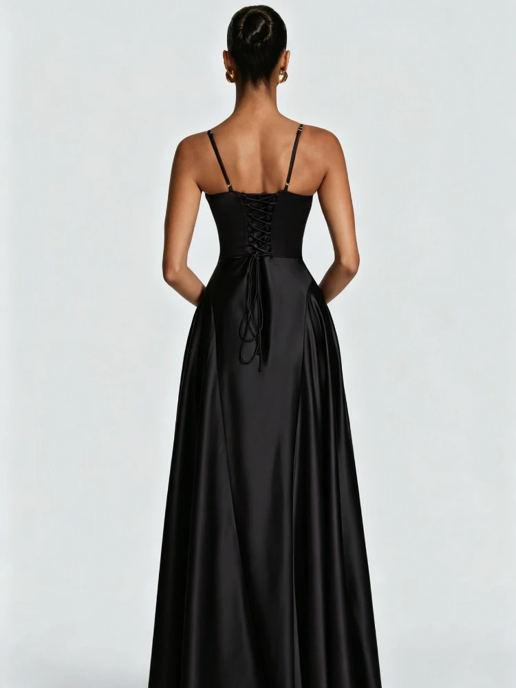 Chaxiaoa Satin Spaghetti Strap Sexy Maxi Dress Women Elegant Deep V Neck Sleeveless Backless Pleated Evening Club Party Dresses view 3