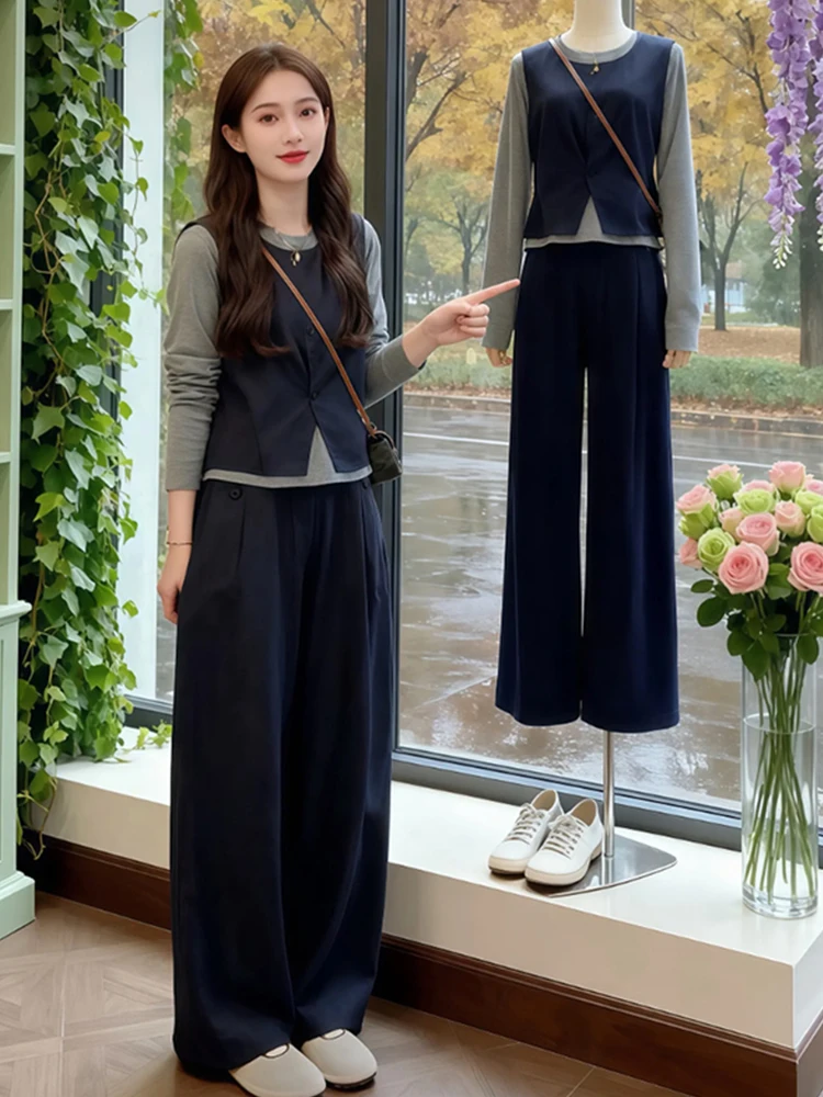 

Retro Three-Piece Set Vest Wide Leg Pants Casual Commute Style Simple Design Fashionable Women's Clothing Autumn Season