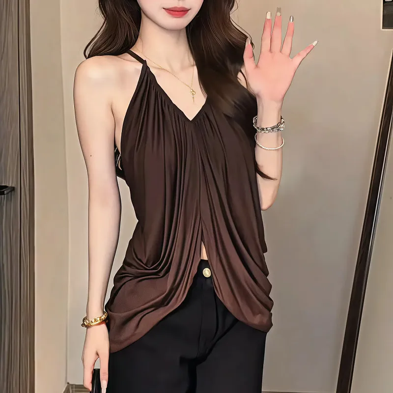 Women Brown Satin Halter Cami Top Deep V Neck Ruched Split Front Slim Sleeveless Chic Elegant Party Clubwear Tank Blouse Y2K2026