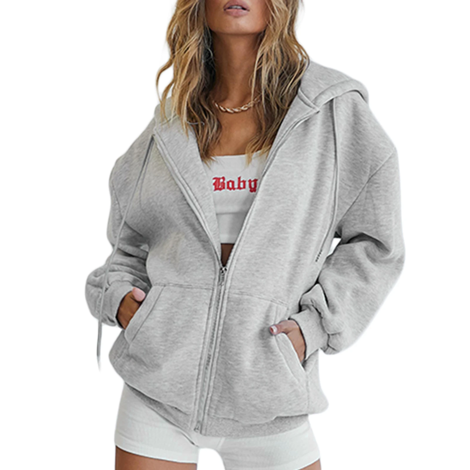 

Hooded Jacket With Pockets Women's Hoodies Streetwear Women's Sweatshirts Loose Style Coat Solid Color Zipper Open Front Y2k