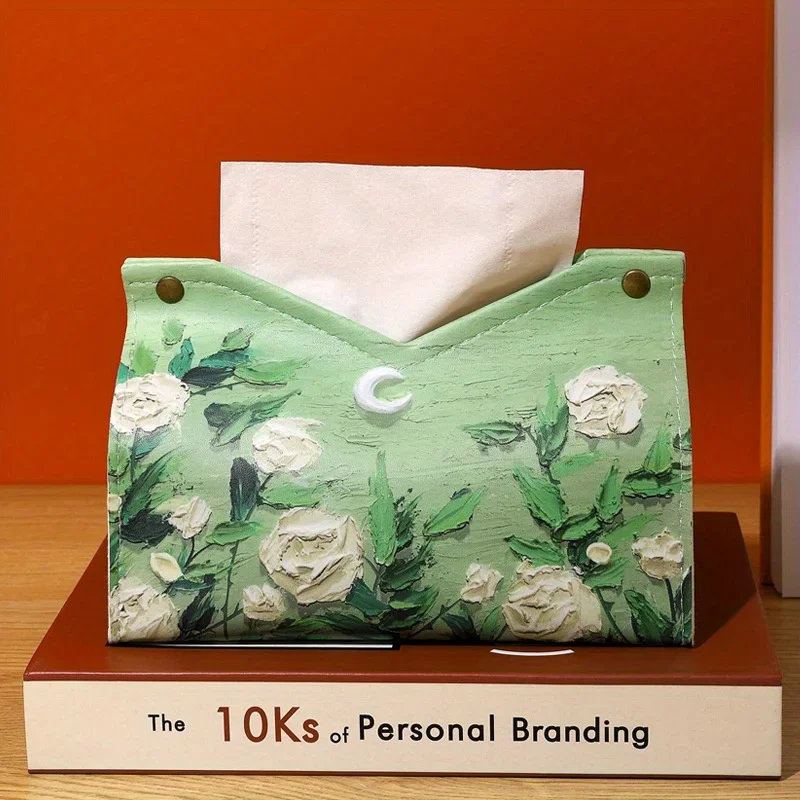 1pc Moonlight Rose Oil Painting 3D Tissue Box Light Luxury Style Living Room Household Tissue Box Car Drawing Paper Box