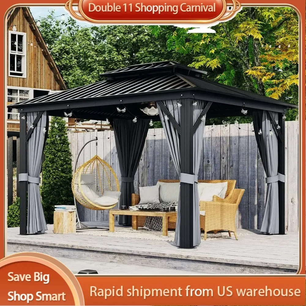 

Hardtop Gazebo,10'x12' Aluminum Frame Canopy with Double Galvanized Steel Roof, Outdoor Metal Pavilion with Netting for Backyard