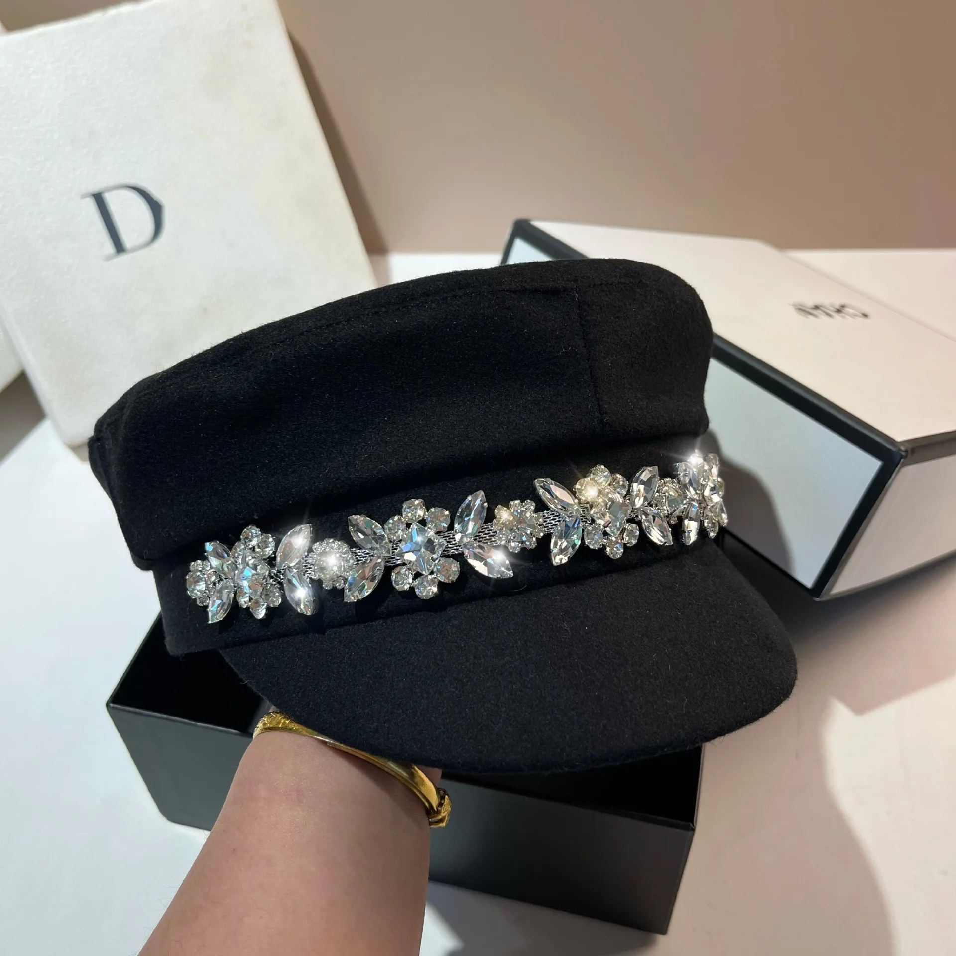 Luxurious Heavy-Duty Water Diamond Woolen Navy Cap Women's Autumn Winter New Style Small Fragrance Wind Black Newsboy Cap Trendy