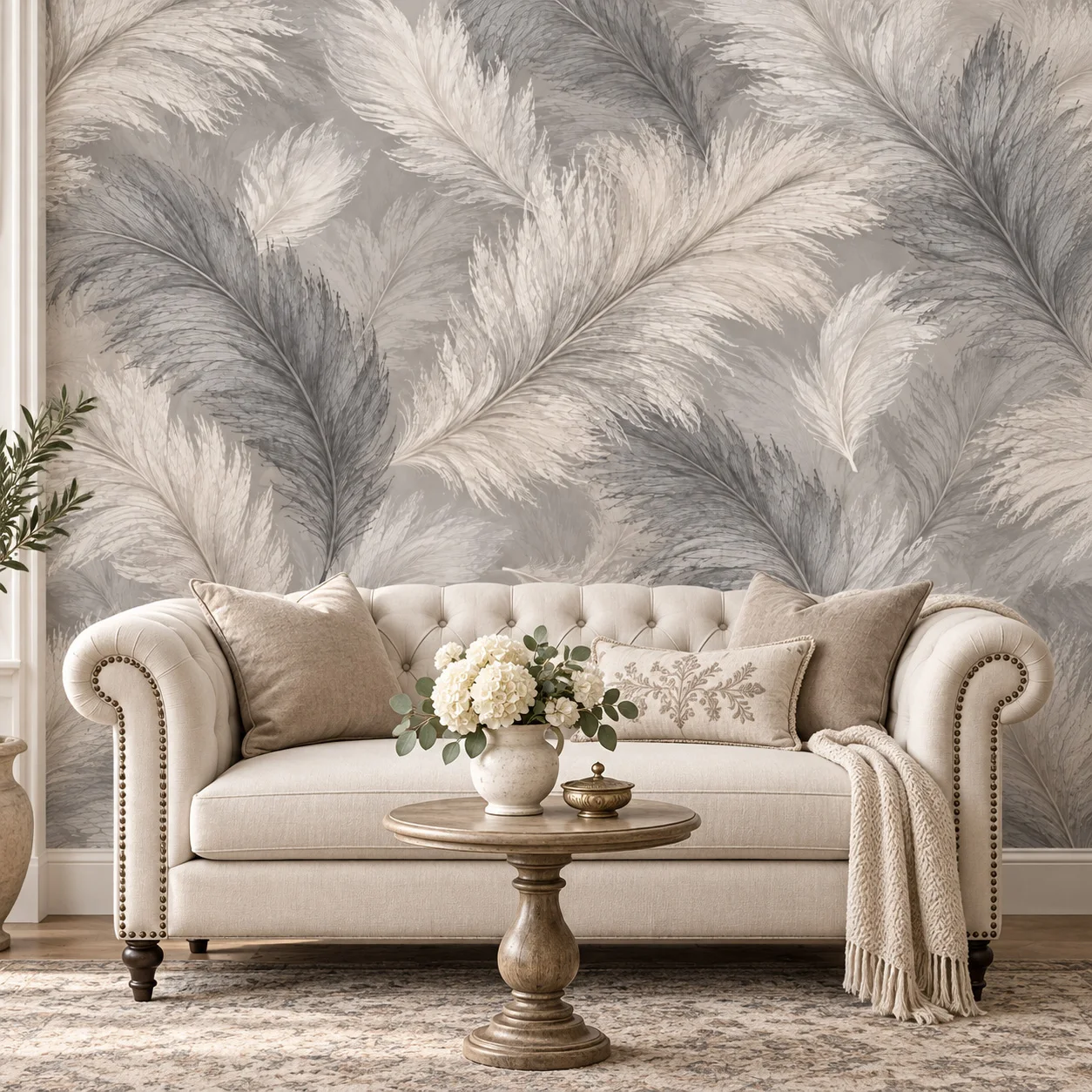 Feather Wallpaper Mural Beige Gray Feather Wall Art Living Room Bedroom Non Self Adhesive Vintage Elegant Wall Decor Large Mural