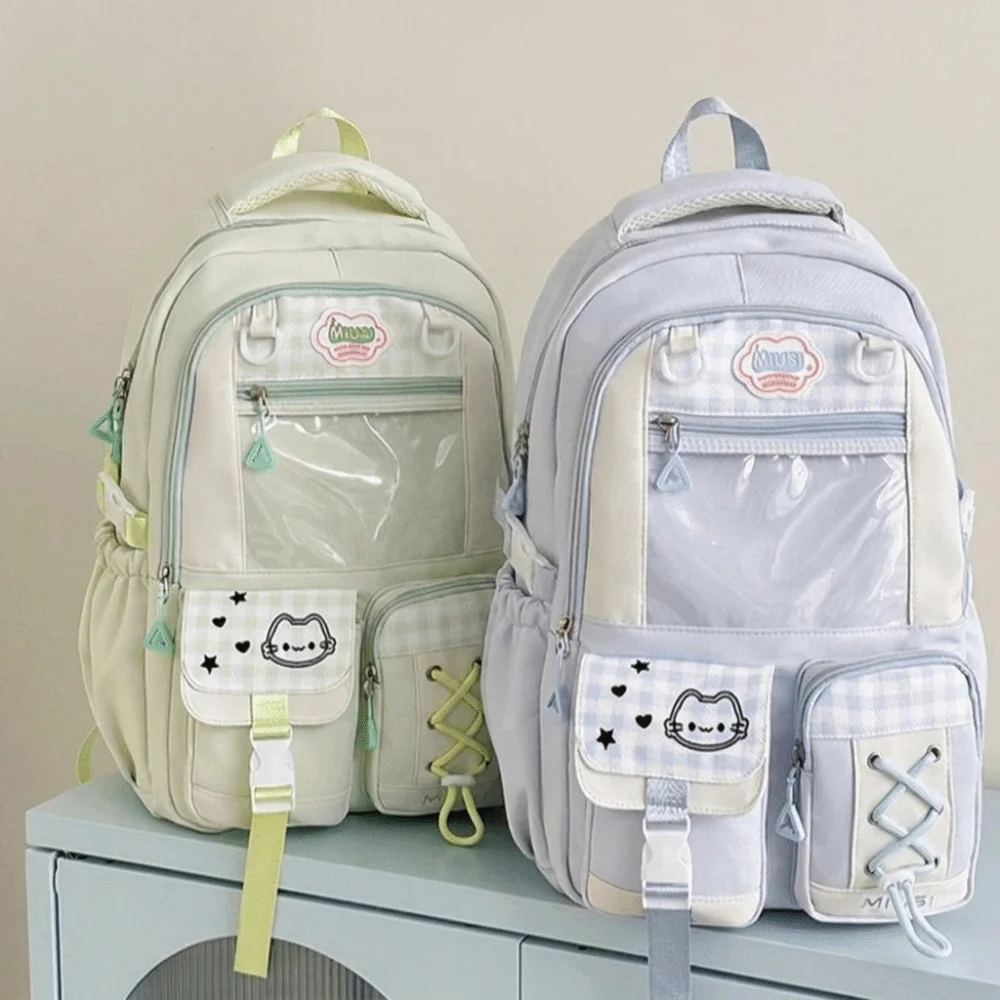 Preppy-Style Schulrucksack mit mehreren Fächern, großem Fassungsvermögen, leichtem Gewicht, Reißverschluss, mehreren Taschen, kariertem Farbblock-Design, Tagesrucksack – Detail 2