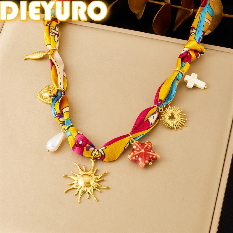 

DIEYURO 316L Stainless Steel Golden Sun Heart Pearl Pendant Colored Pattern Ribbon Necklace Lady Waterproof Neck Chain Jewelry
