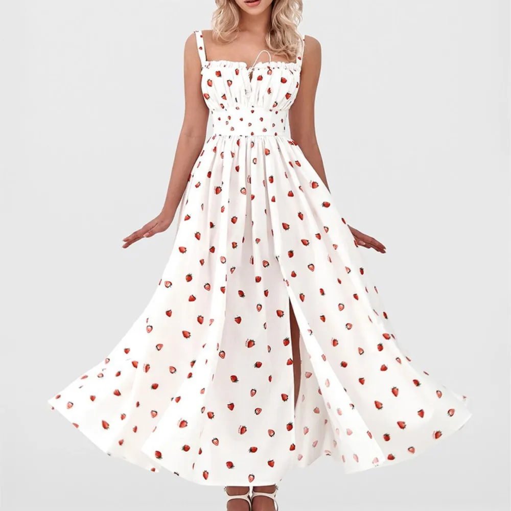 

Fashionable Summer Printed Dress Casual Elegant Summer Printed Suspender Dress Sleeveless Lace Up High Waisted Slit Long Dresses