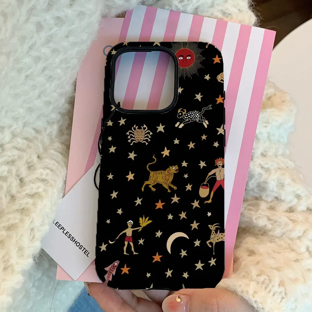 Ins Animal Star Art Black Case Suitable for IPhone 15 Plus Oil Painting Flower Double-layer 2-in-1 Phone Case 14 13 12 11pro XR