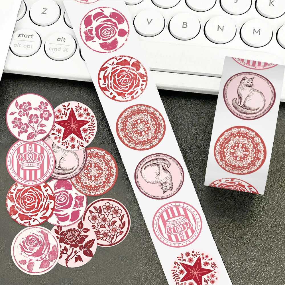 Rouleau d'autocollants de scellage à motif de dessin animé rose, 500 pièces/rouleau, autocollants esthétiques fleur chat, jouets de décoration pour téléphone et carnet de notes, DIY bricolage