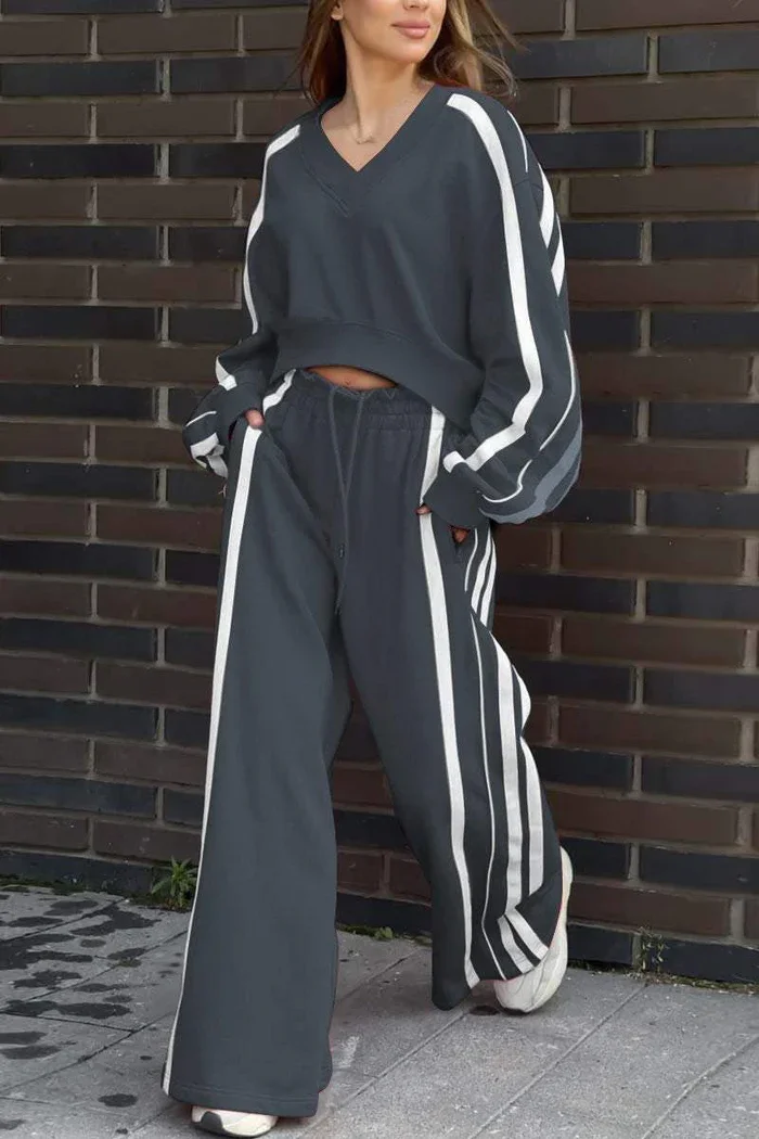 Striped T Shirt+Sweatpants Two Piece Set Women Casual Loose Lantern Sleeve Sports Tops Outfits Autumn Winter Wide Leg Pants Suit