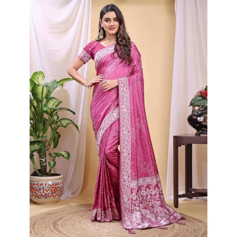 Women’s Pink Banarasi Silk Saree with Zari Woven Border & Blouse Piece – Traditional Indian Wedding Party Saree - view 2