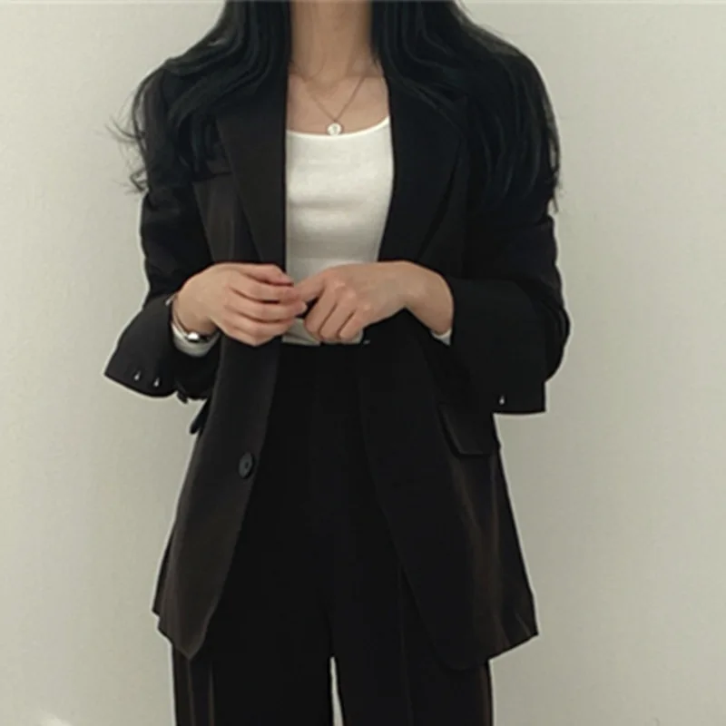 Women 2 Piece Suit Set Casual Blazer Jacket High Waist Wide Leg Long Pants Outerwear Work Suit Elegant Solid Loose Autumn Winter