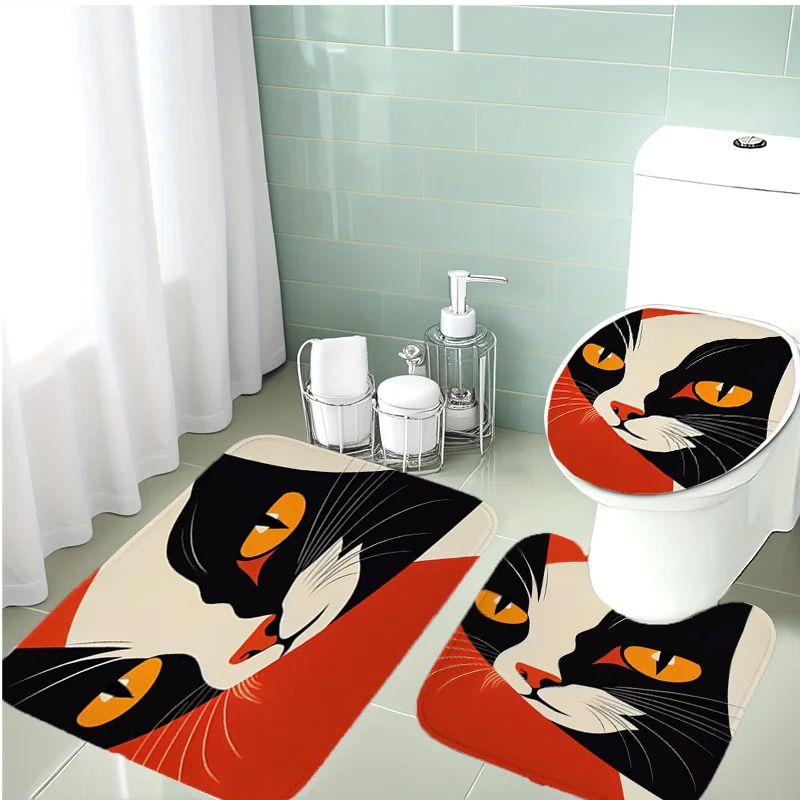 

Artistic Cat 3pc Bath Set Black & White Portrait with Red Accents, Soft Flannel Toilet Cover, U Mat & Floor Rug, Non-Slip Decor