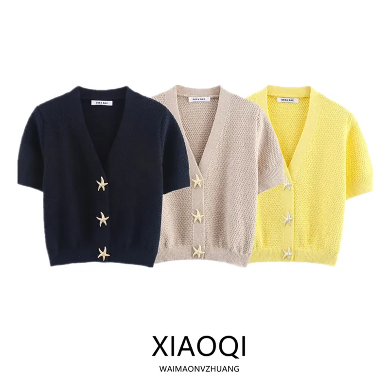 Summer 2025 Women's Knitted Jacket Star Shaped Button Design V Neck Short Sleeve Regular Fit Cardigan Commute Style Outerwear