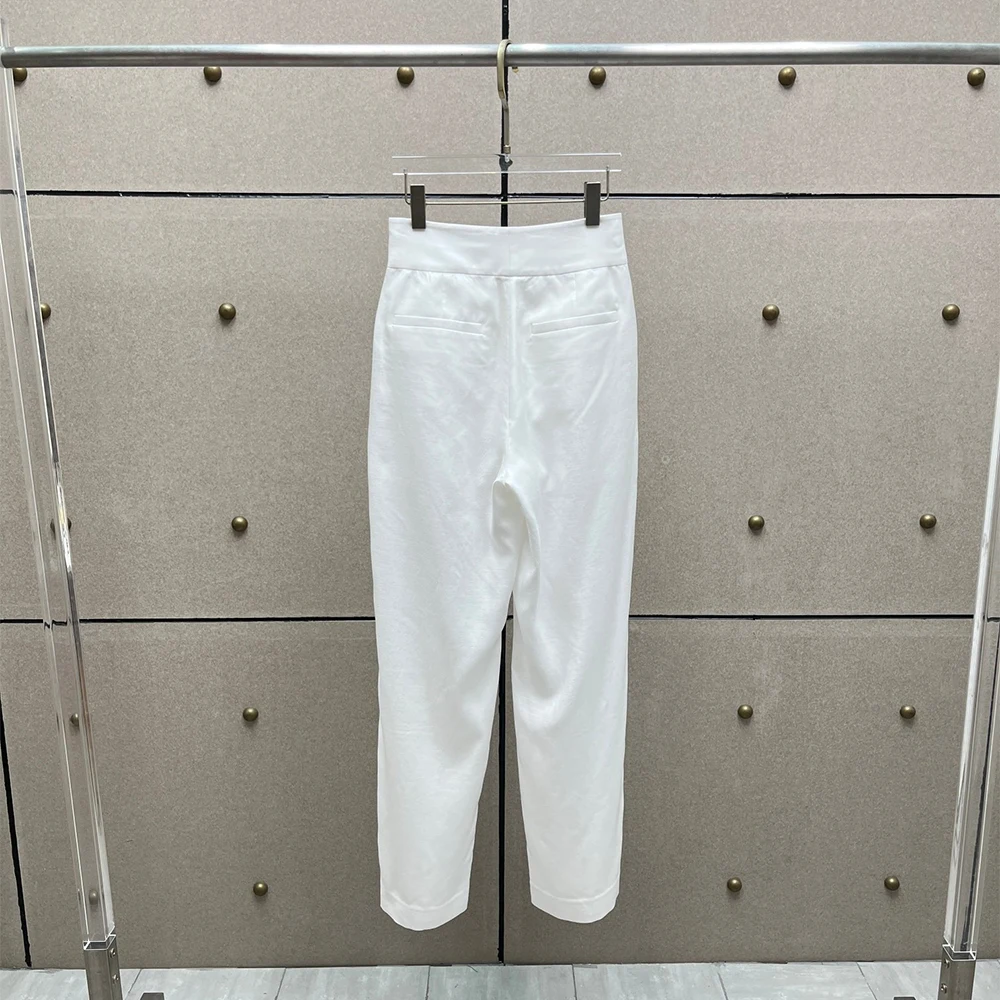 Women's White High-Waisted Pleated Tapered Linen Blend Pants Cropped Straight Leg Casual Office Work Summer Bottoms
