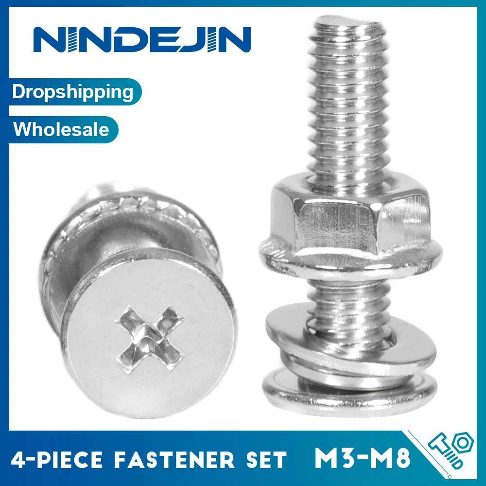 M2.5 M3 M4 M5 M6 M8 Cross Ultra Thin Flat Head Screw Flange Nut Flat and Spring Washer Assortment Set Kit 304 Stainless Steel