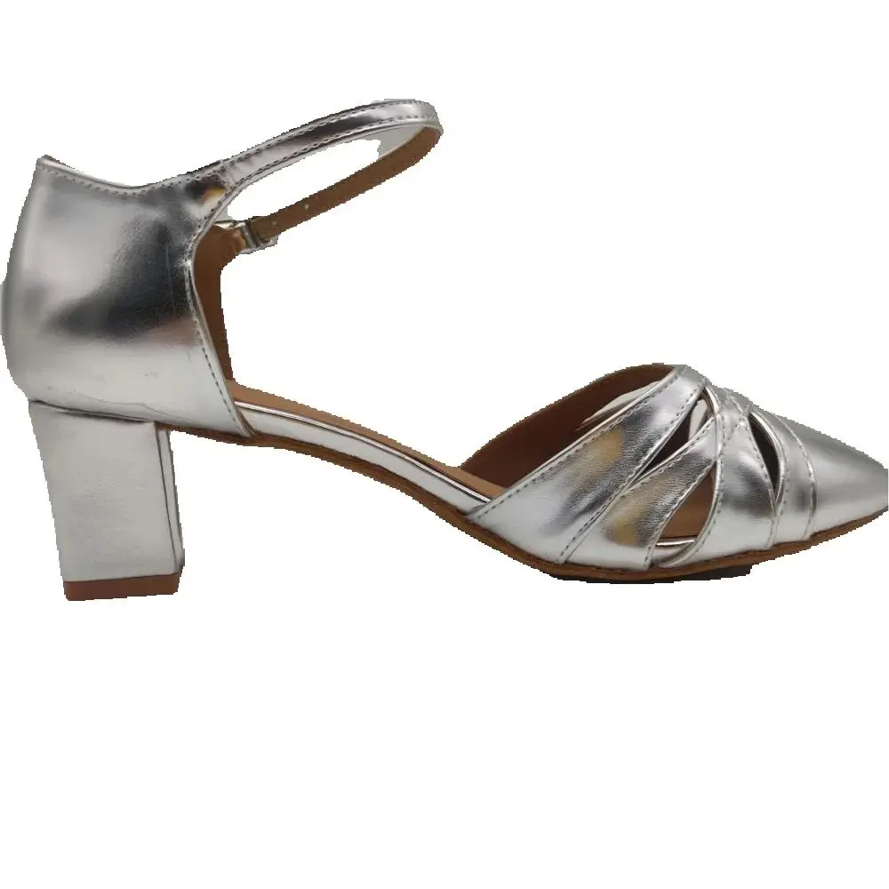 New Women Dance Shoes Silver Ankle Strap Closed Toe Sandals Latin Salsa Ballroom Dance Shoes 5cm Thick Heel Party Dancing Shoes