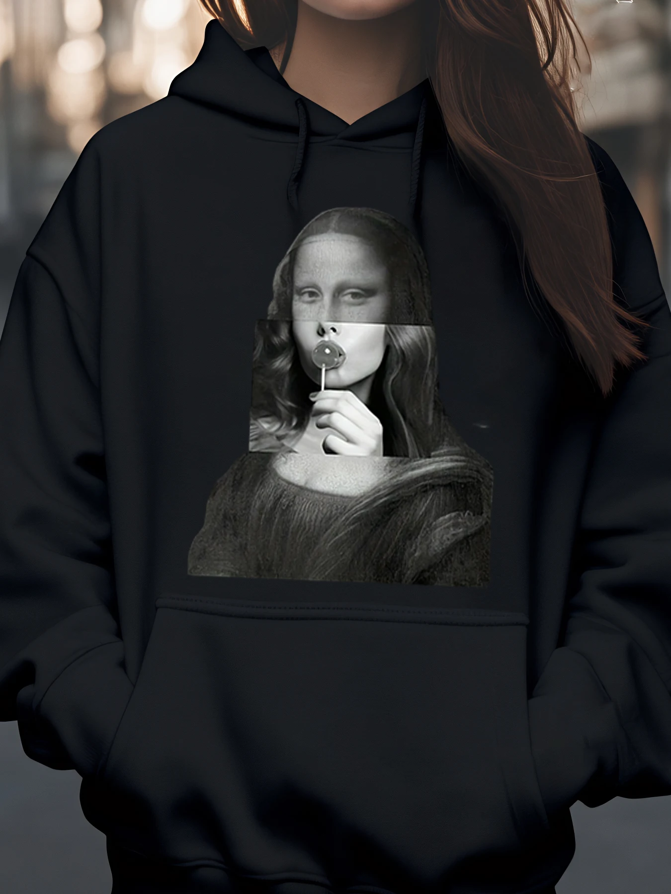 Sweat à capuche imprimé sucette Mona Lisa Halloween tenue décontracté mode femme