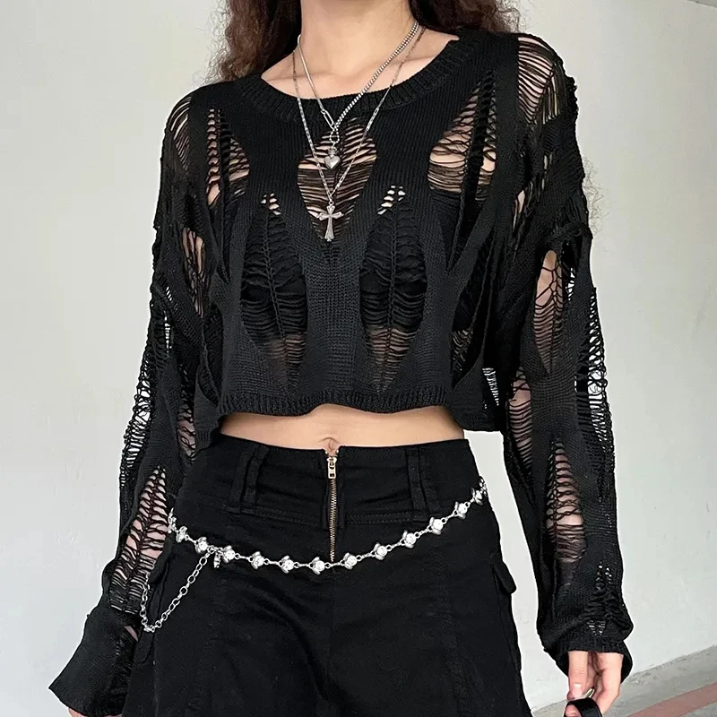 Hollow Out Pullovers Women Black Y2K Korean Fashion Solid Sexy Knitwear Streetwear Casual Loose Ladies Tops Gothic New