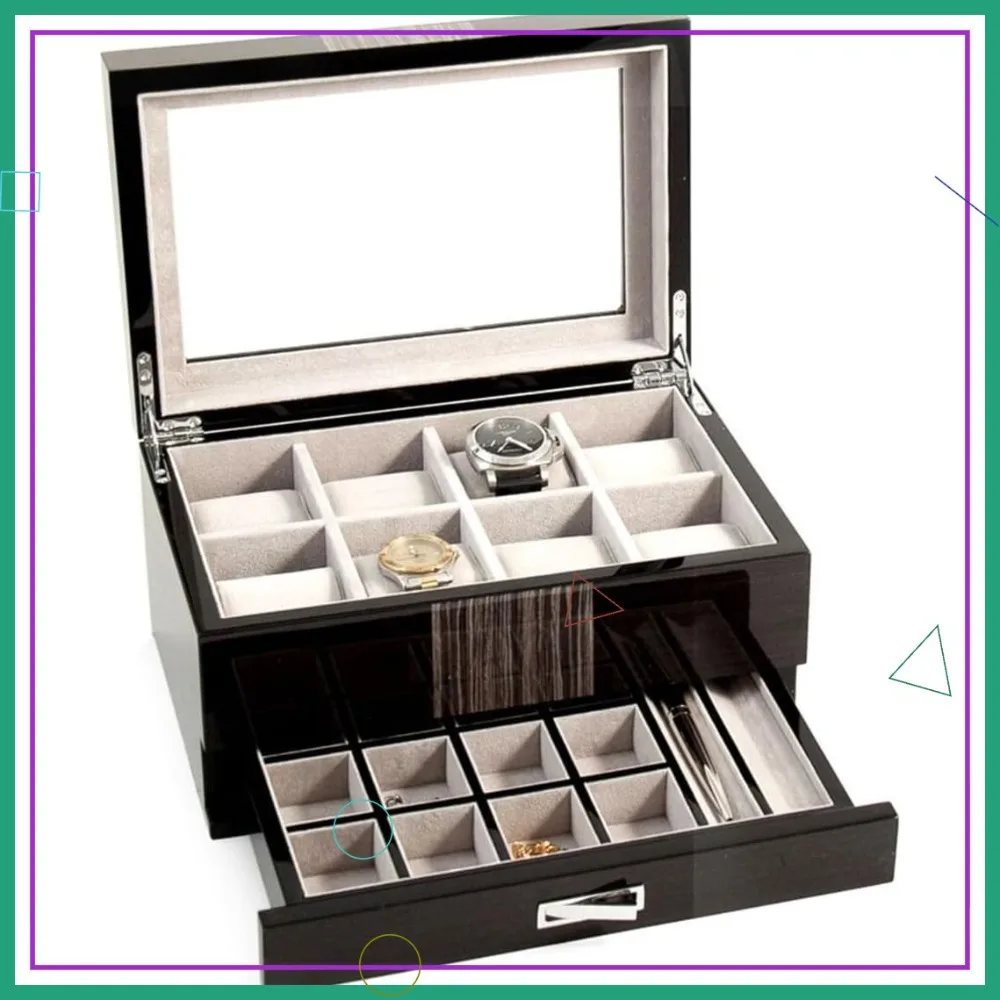 Joyero y reloj con 10 ranuras con cajón, organizador superior de vidrio de madera wengué, 12x8x6 pulgadas