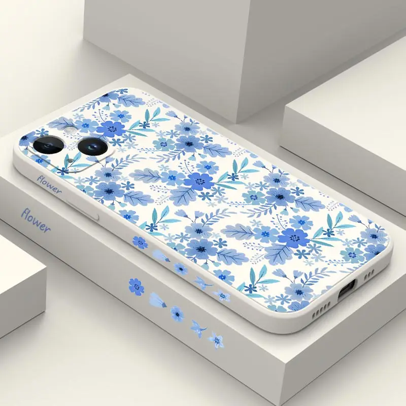 Blue Floral Silicone Phone Case For iPhone 14 15 12 11 13 Pro Max Mini 14 15 Plus 8 7 6 6S Plus X XR XS 14 15 Pro Cover