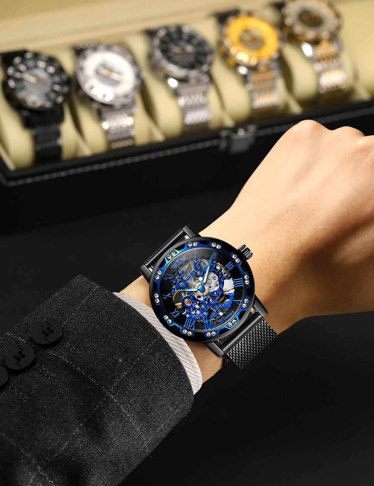 T-WINNER Klassische Herrenuhren, Skelett, mechanisch, leuchtende Zeiger, Strass-Mesh-Band, Mann, römische Ziffern, leicht ablesbare Armbanduhr